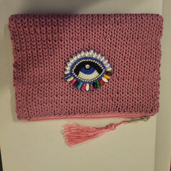 ISLAND BLISS HANDMADE IN GREECE CROCHET PINK EVIL EYE PURSE Clutch With Tassel - Picture 2 of 7